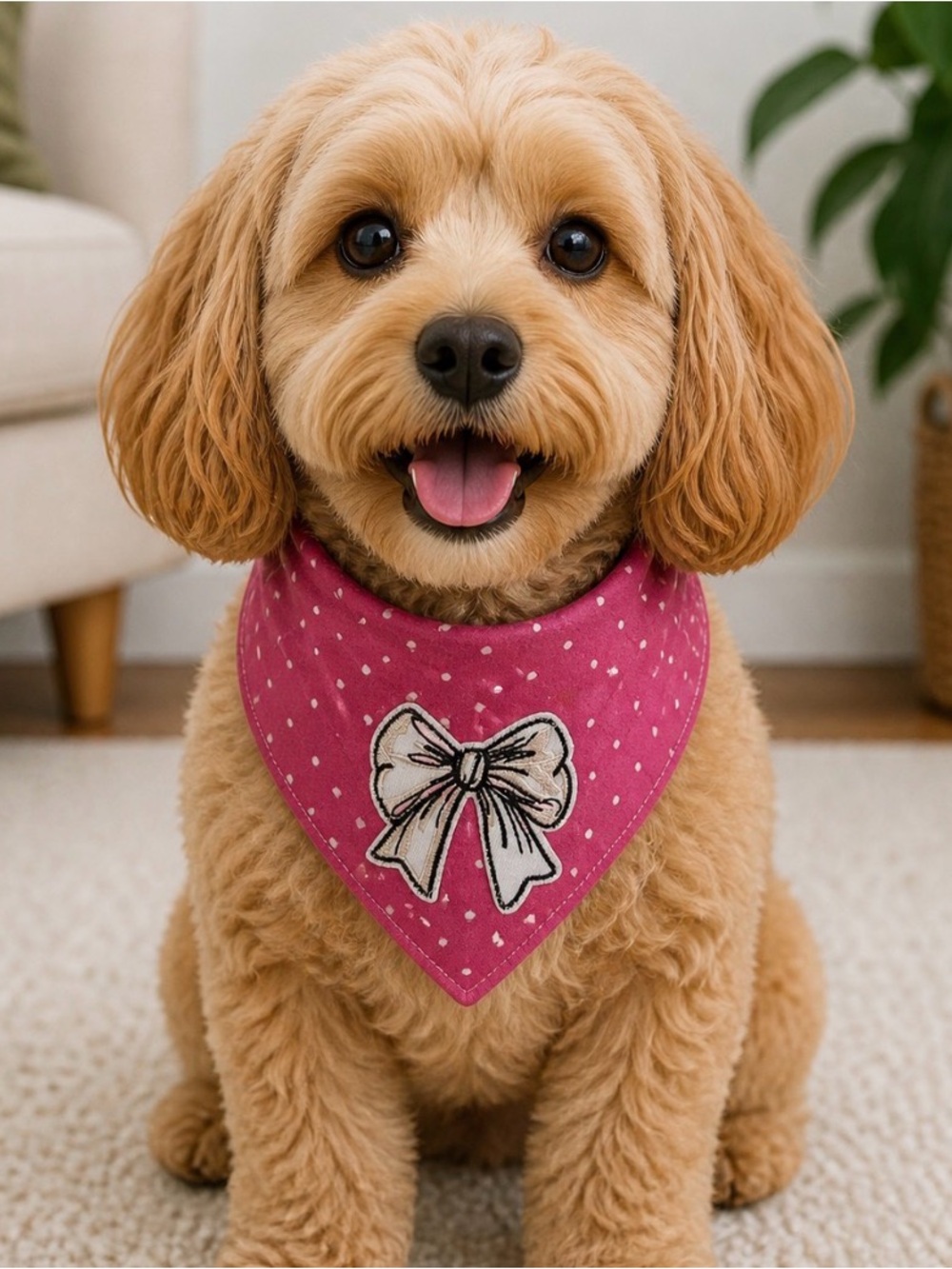 Handmade Reversible Pink and Green Polka Dot Dog Bandana with Bow Accent sz Med
